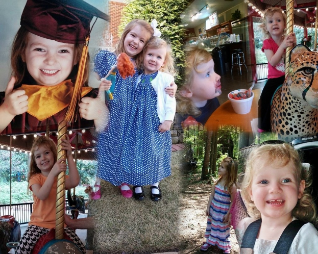 Collage mit lustigen Fahrgeschäften, Kindern an einem Tisch mit Essen und Besteck, umgeben von Außenbereichen einschließlich Lichter, Vegetation und einem Hut.