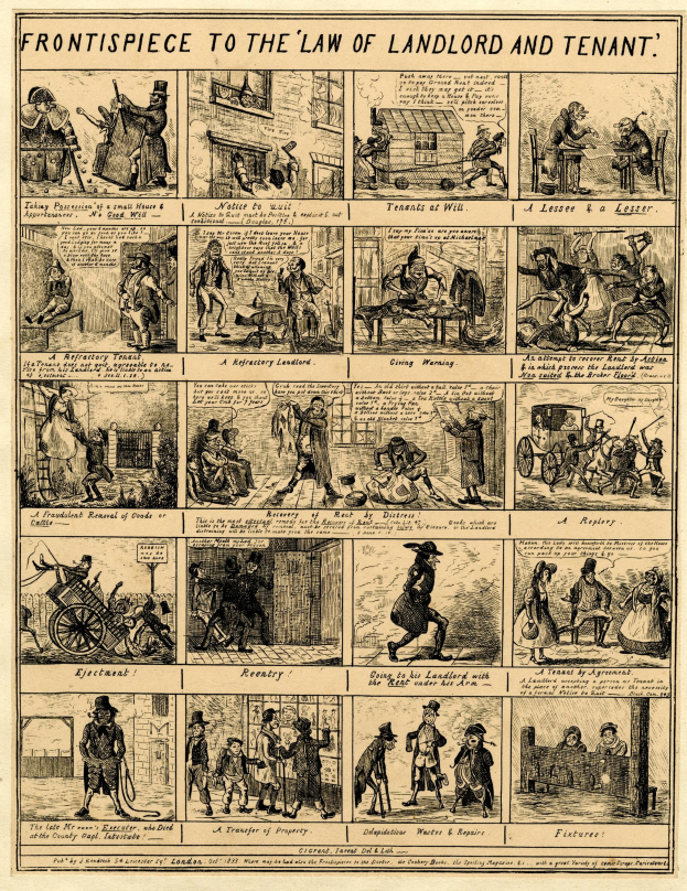 Cartoon-stilartige Illustrationen von Menschen, Gebäuden und Gegenständen begleiten fett gedruckten Text auf einem Blatt, das das Mietrechtsgesetz darstellt, eingerahmt von einem dekorativen Rand.