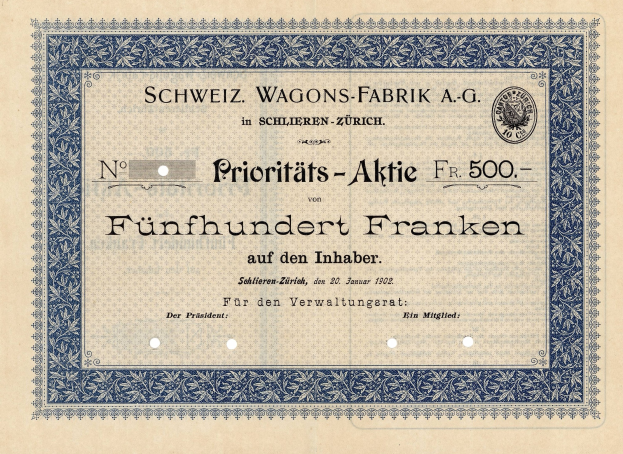 Altes deutsches Aktienzertifikat mit blauem Rand, das den Text "Schweiz Wagons-Fabrik A.G." zeigt