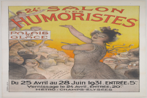Plakat für den Salon des Humoristes in Paris, das eine Frau umgeben von einer Menge zeigt, mit Text, der das Ereignis beschreibt.