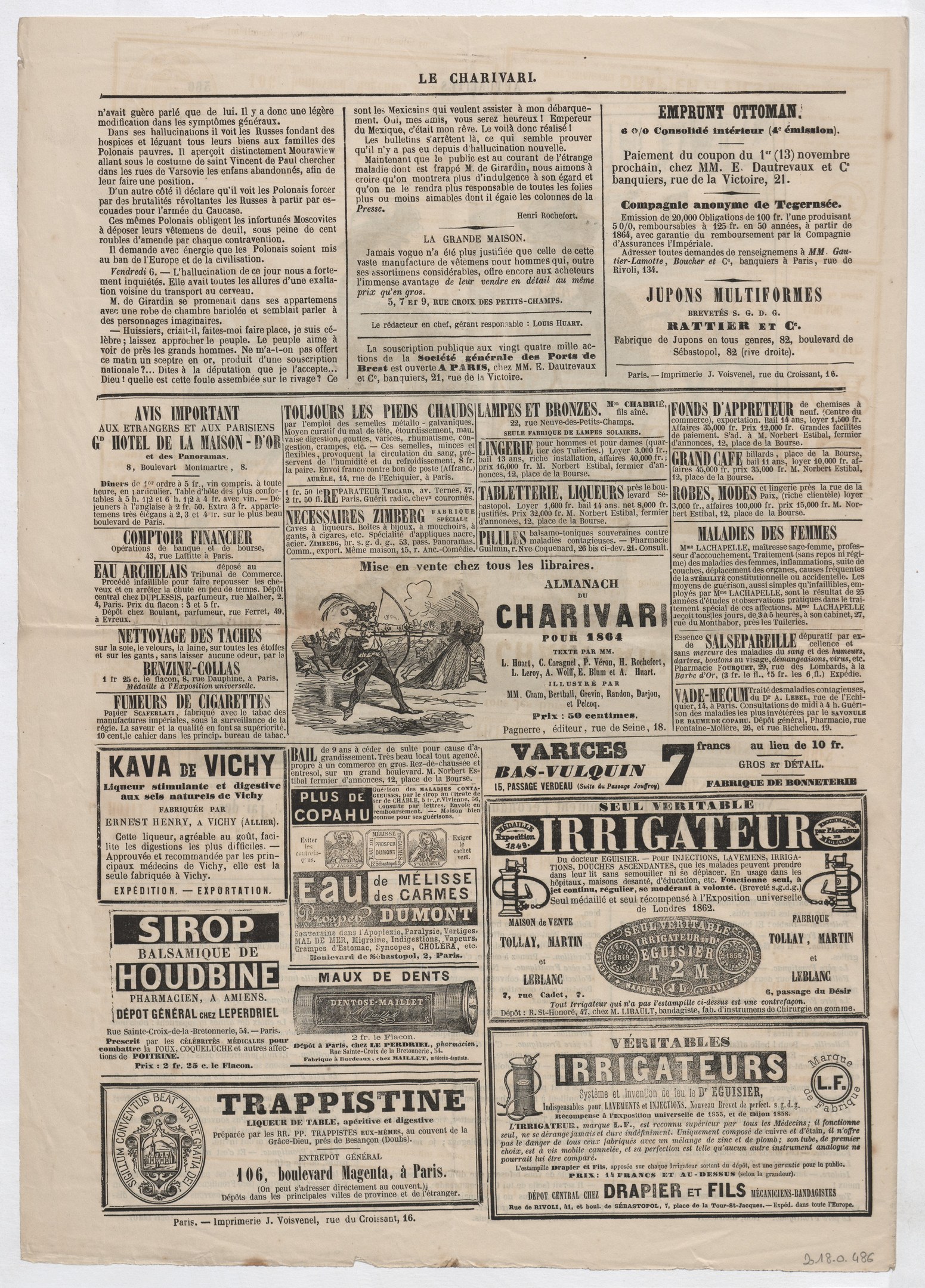 Schwarze Zeitungsseite mit verschiedenen Anzeigen mit Text und Bildern.