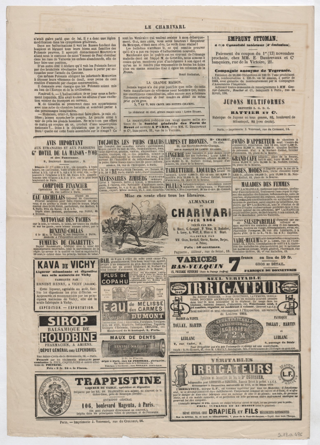 Schwarze Zeitungsseite mit verschiedenen Anzeigen mit Text und Bildern.