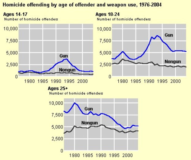 Diagramm, das die Homicide-Offending-Rates nach Alter des Täters und Waffengebrauch von 1976 bis 2004 zeigt, mit begleitendem erklärendem Text.