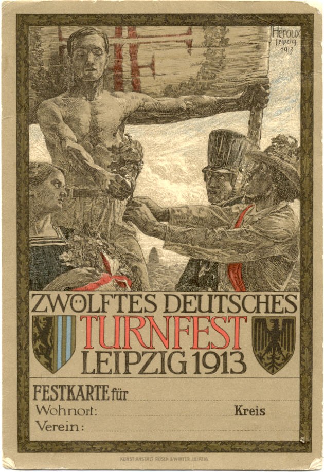 Plakat für das Zwölfte Deutsche Turnfest Leipzig 1913 mit einer zentralen Personengruppe und deutschem Text über das Ereignis.