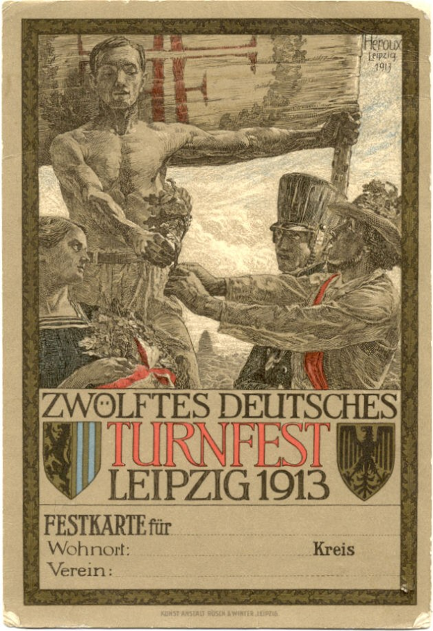 Plakat für das Zwölfte Deutsche Turnfest Leipzig 1913 mit einer zentralen Personengruppe und deutschem Text über das Ereignis.