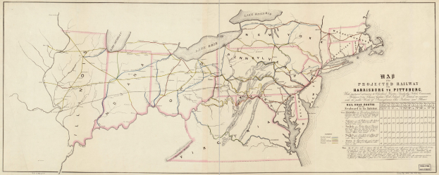 Eine Karte der Vereinigten Staaten, die geplante Eisenbahnrouten von Harrisburg nach Pittsburgh zeigt, mit ausführlichen Texten über die Eisenbahnlinien und -routen auf Papier gedruckt.