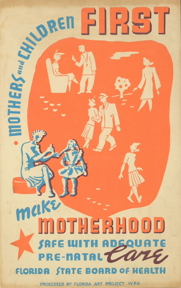 Plakat mit der Aufschrift "Mutterschaft durch ausreichende Vorsorge sichern" mit verschiedenen lächelnden Menschen auf einem hellblauen Hintergrund.