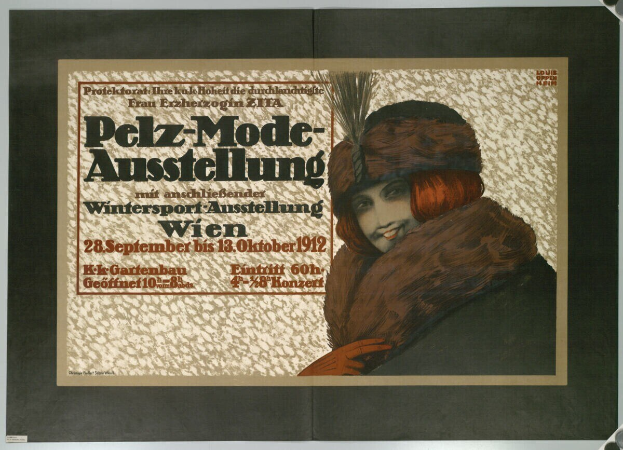 Ein Plakat, das ein Wintersport-Event in Wien, Österreich, bewirbt, mit einer lachenden Frau in einem Pelzmantel und einer Mütze, sowie Event-Informationstext.