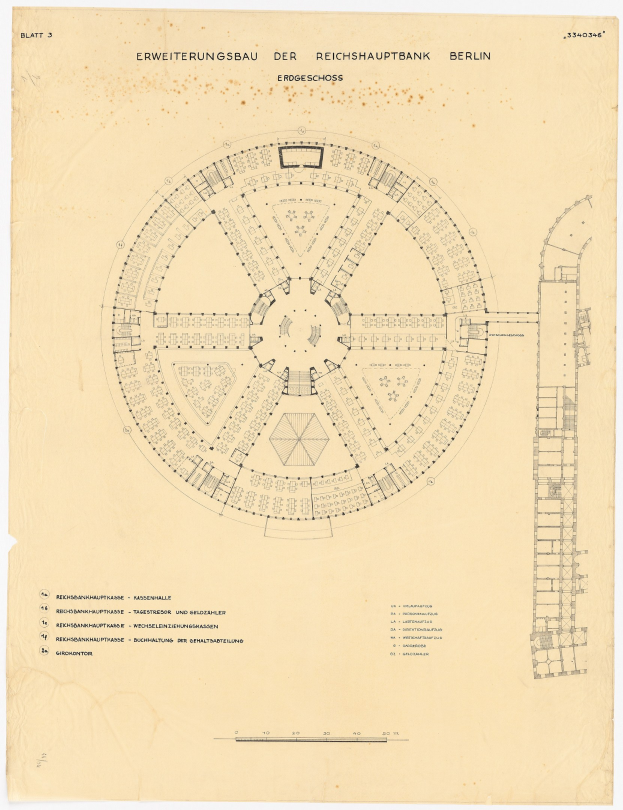 Ein detailliertes architektonisches Zeichnung des runden Reichshauptbank-Gebäudes in Berlin, Deutschland, mit zahlreichen Fenstern und einem Layout-Diagramm auf Papier mit begleitendem Text.