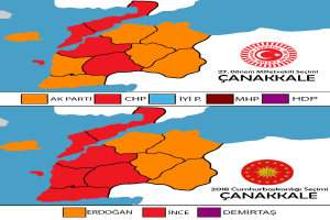Eine Karte von Türkei, die in verschiedenen Farben die prozentuale Bevölkerungszahl in jedem Gebiet zeigt, mit dem Text "Canakkale Wahlresultate 2018".