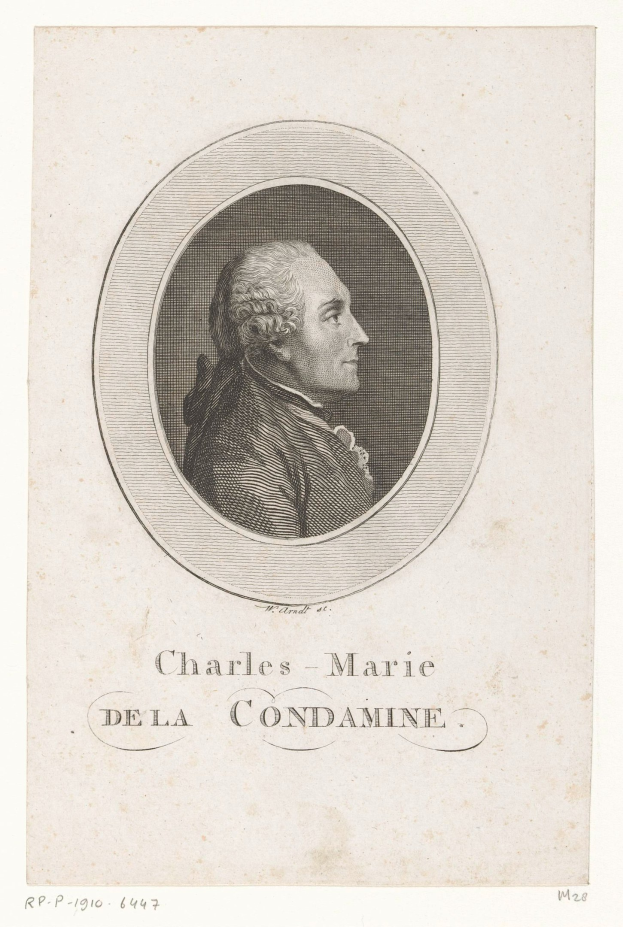 Porträt von Charles Marie de la Condamine, einem französischen Komponisten, in einem weißen Hemd und einer schwarzen Fliege mit verschränkten Händen, ernster Miene und konzentriertem Blick.