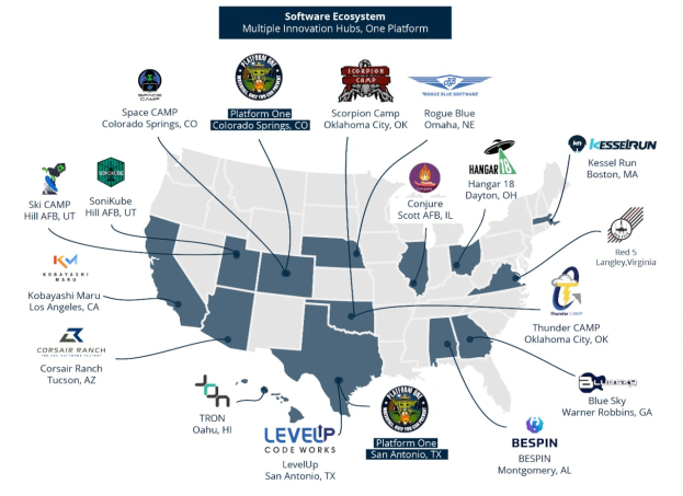 Eine Karte der Vereinigten Staaten, auf der Unternehmenslogos dargestellt sind, um das Software-Ökosystem zu repräsentieren, mit begleitendem Text, der Unternehmensstandorte und -informationen beschreibt.