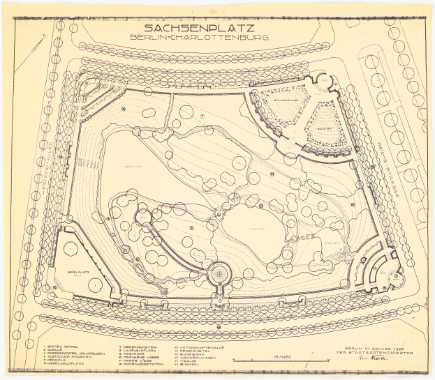 Detailreiches altes Stadtplan von Sachsenplatz-Park in Berlin, Deutschland, mit Textanmerkungen.