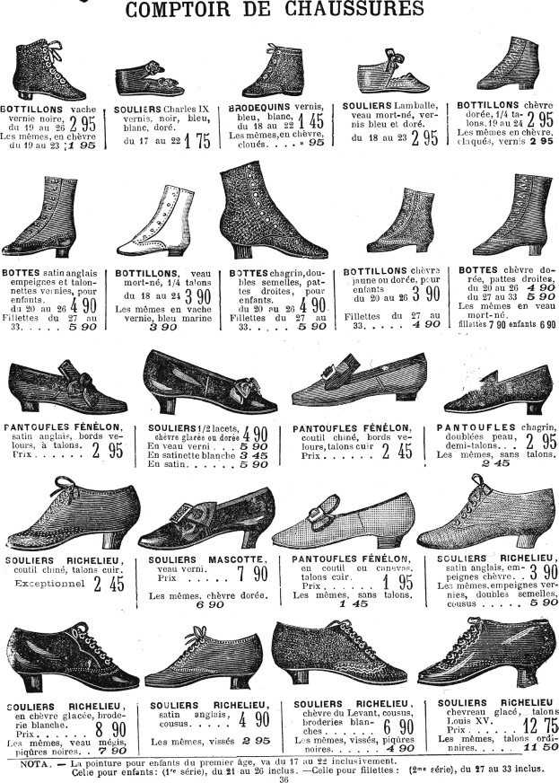 Eine Buchseite mit verschiedenen Frauenschuhen mit einzigartigen Designs, Farben und Preisschildern, sauber angeordnet mit detaillierten Informationen zur Größe und Form.