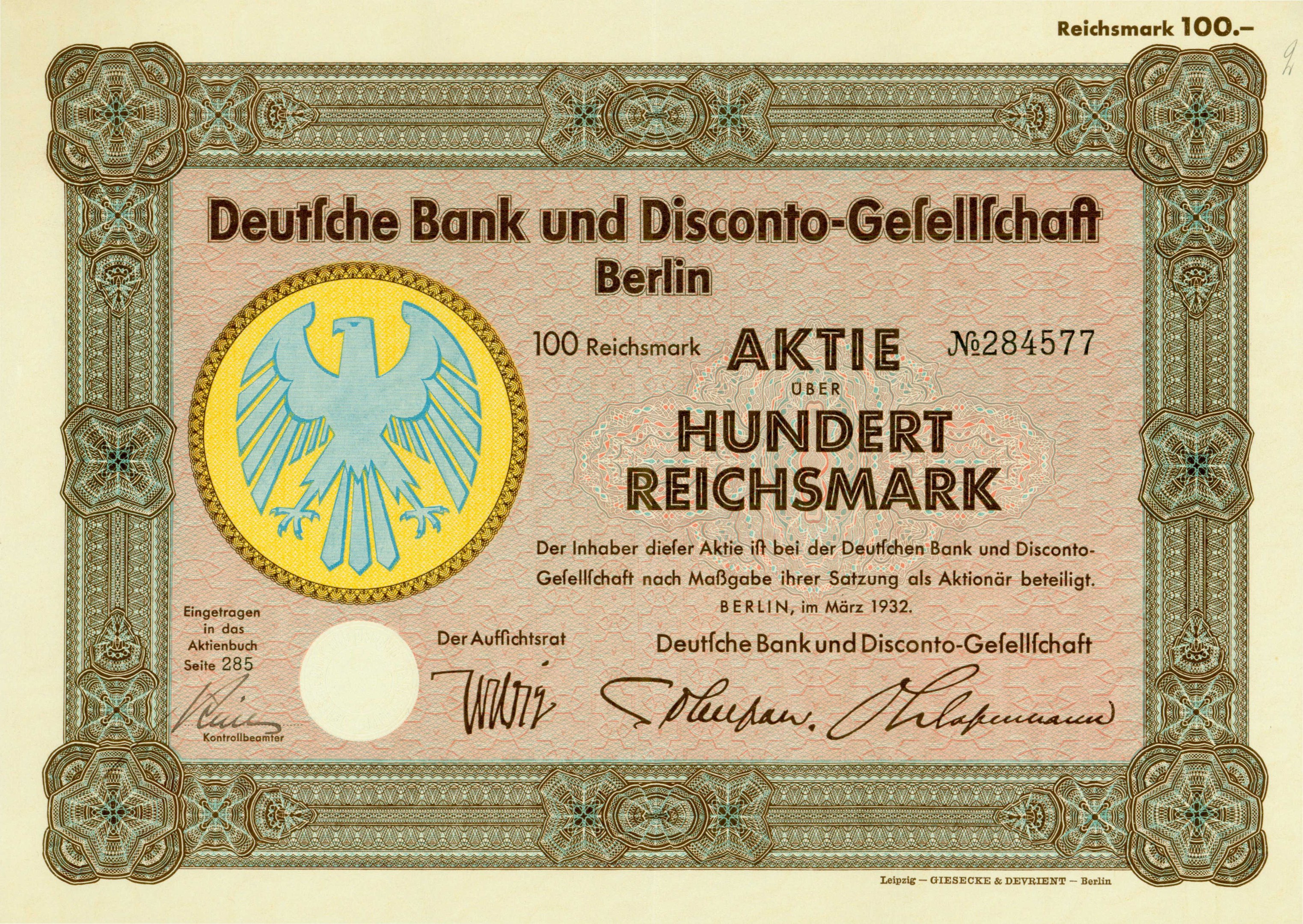 Alte deutsche Banknote mit einer Vogeldarstellung und dem Text "Deutsche Bank und Disconto-Gefellichaft Berlin".