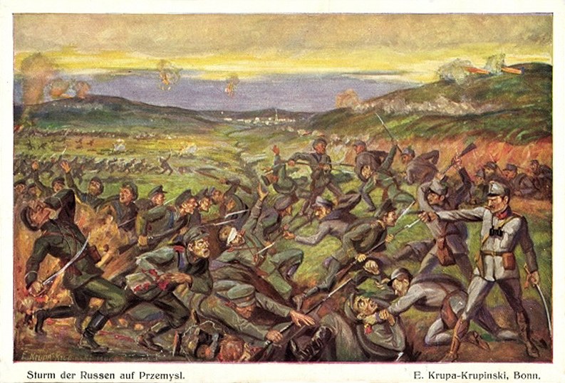 Gemälde, das eine Schlachtenszene mit Soldaten in Militäruniformen zeigt, einige halten Gewehre, und der Text "Sturm der Russen auf Przemysl" unten.