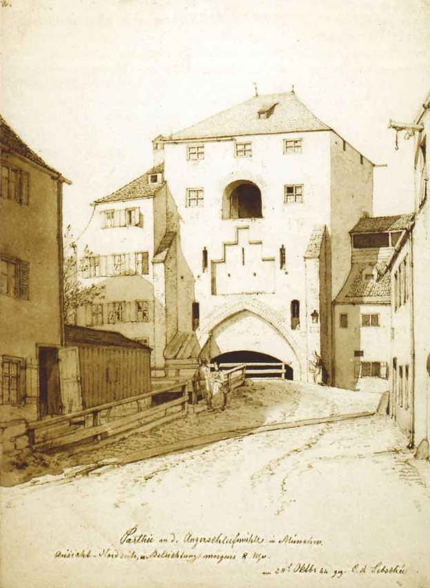 Alte Druck von einer Straßenszene mit einem Schloss im Hintergrund, umgeben von Gebäuden mit Fenstern, einem Baum und einem Himmel, mit Text unten lesend "Gedruckt von Carl Friedrich Lechthuis 1839 Schloss und Brücke in München, Deutschland, vertreten durch Childs Gallery".