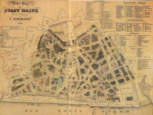 Detailiertes altes Stadtplan von Mainz, Deutschland, das Straßen, Gebäude und Sehenswürdigkeiten auf altem Papier mit Text zeigt.