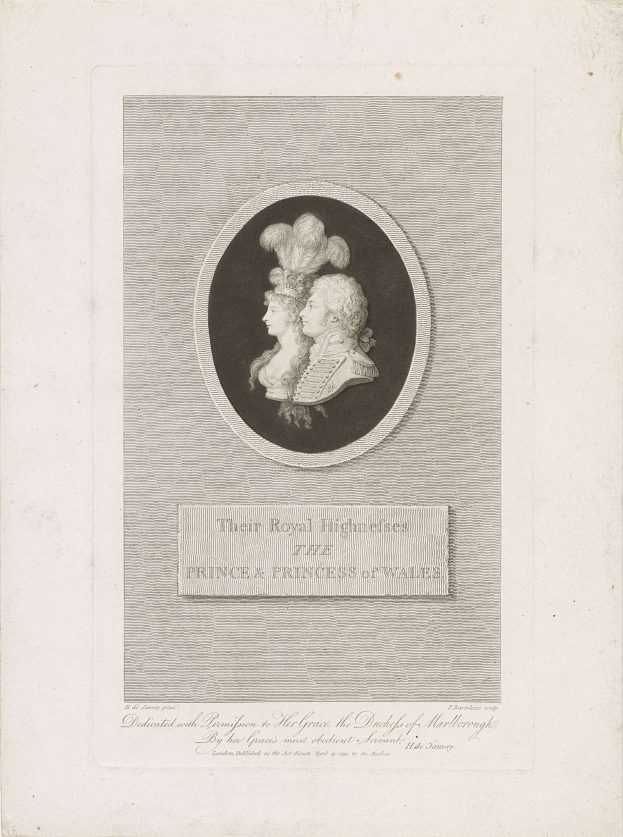 Schwarzes-weißes Bild eines Papiers mit einem Foto des Prinzen und der Prinzessin von Wales neben handgeschriebenem Text.