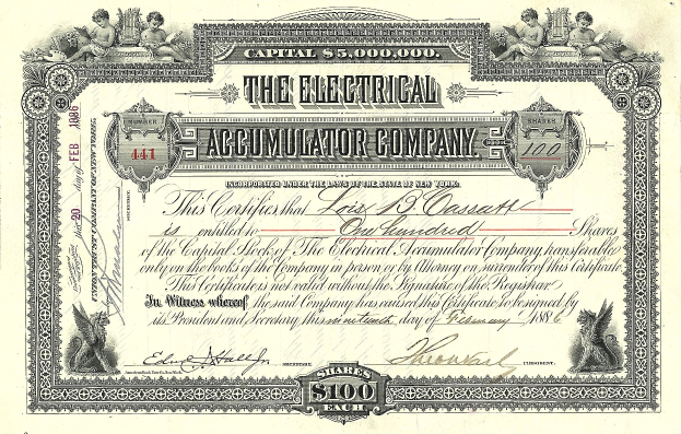 Aktienzertifikat einer Elektroakkumulatorenfirma mit detaillierten Designs, das den Text "The Electrical Accumulator Company" zeigt.