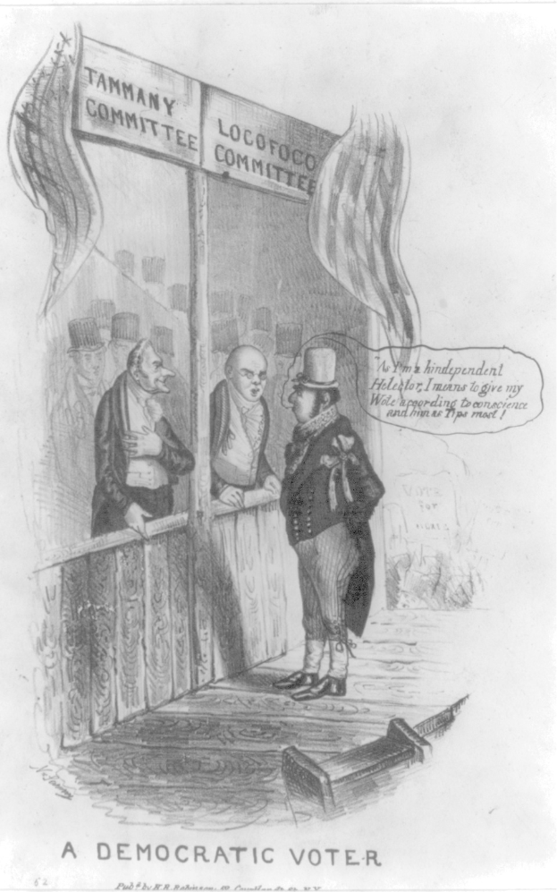 Ein Mann im Anzug steht selbstbewusst vor einer Tür, auf der 'Ein demokratischer Wähler' steht und schaut entschlossen.