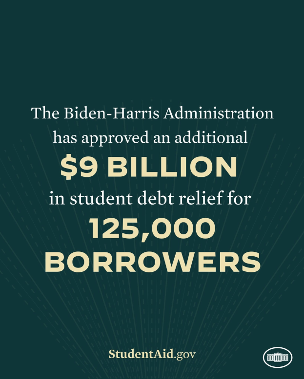 Poster announcing $9 billion in student debt relief for 125,000 borrowers under the Biden-Harris Administration, with a logo at the bottom.