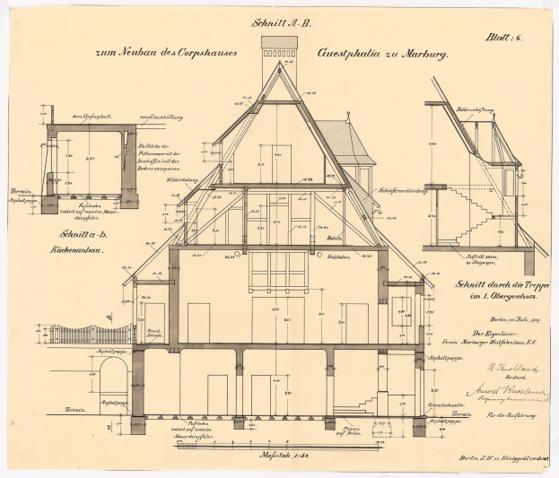 Ein detaillierter architektonischer Entwurf eines historischen Hauses mit zahlreichen Fenstern und einem Dach, identifiziert als das erste Haus in Deutschland, begleitet von Text und strukturellen Plänen auf altem Papier.