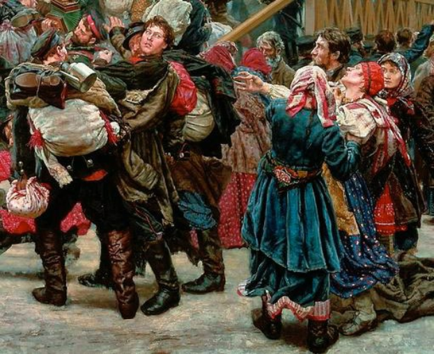 Gemälde, das eine Gruppe von Menschen in traditioneller russischer Kleidung vor einem Publikum tanzt, einige halten Gegenstände, vor einem hölzernen Haus im Hintergrund während einer lebhaften, festlichen Szene aus der russischen Revolution.