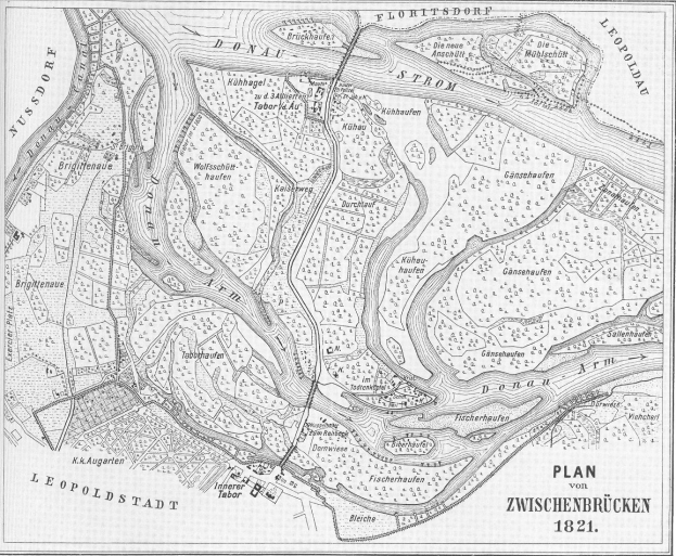 Schwarze und weiße Karte von Zwischenbrücken aus dem Jahr 1821, die detaillierte geographische und textuelle Informationen der Stadt zeigt.