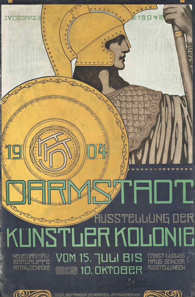 Plakatankündigung eines Konzerts in Berlin im Jahr 1904 mit einer Person in einem Helm, die ein Schild hält, mit 'Darmstadt' und 'Künstlerkolonie' in fetter Schrift.