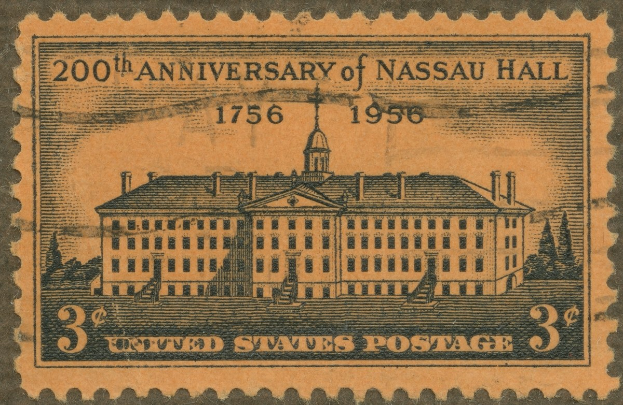 Postage stamp commemorating the 200th anniversary of Nassau Hall, featuring an illustration of the building.