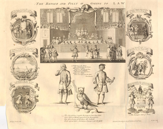 Eine Papierreproduktion zeigt besorgte Menschen mit einer fettgedruckten Warnung vor rechtlichen Schritten.