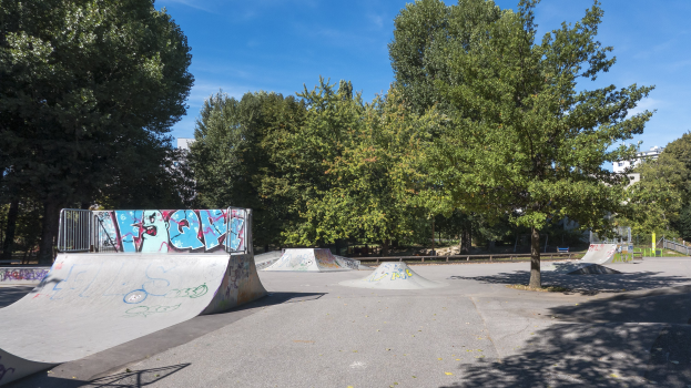 Skate-Park mit Rampen voller Graffiti, umgeben von Bäumen und Gebäuden unter einem bewölkten Himmel.