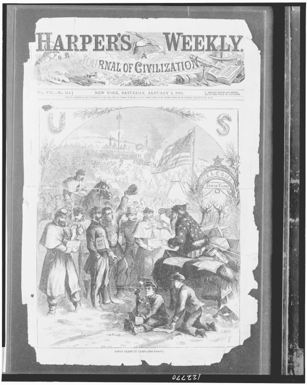 Schwarzes und weißes Bild von Menschen, die sich um eine Zeitung namens "Harper's Weekly Journal of Civilization" versammelt haben, wobei einige der Zeitung lesen oder darüber diskutieren.