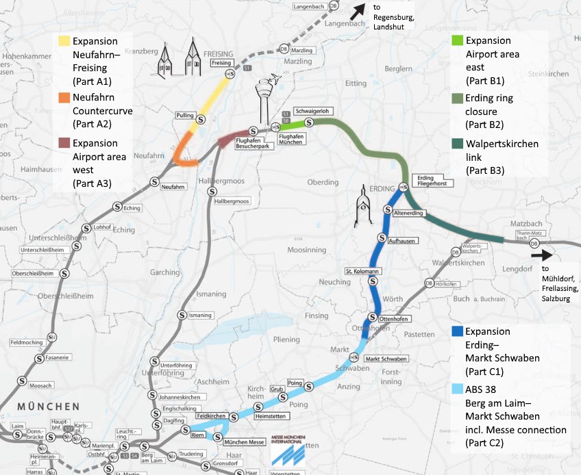 Eine detaillierte Karte einer Stadt mit einer hervorgehobenen Zugroute von München nach Frankfurt, einschließlich Haltestellen und Umgebung, mit Text, der Zugdetails bereitstellt.
