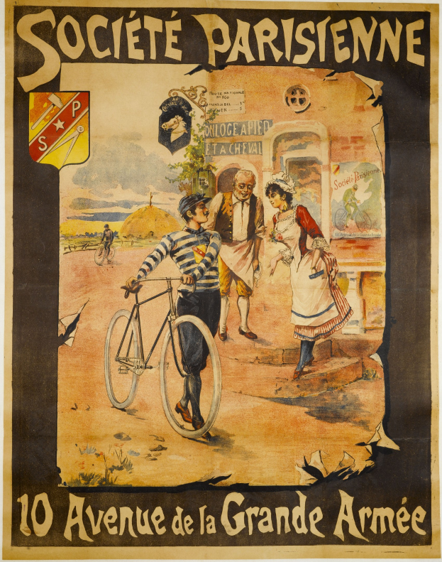 Plakat für ein Fahrradrennen in Paris mit einer Gruppe von Menschen, einer Person mit einem Fahrrad und einem Gebäude im Hintergrund und Text, der das Ereignis beschreibt.