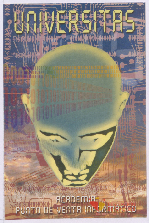 Ein Plakat mit einem kahlköpfigen Mann mit breitem Grinsen, geschlossenen Augen, umgeben von Text und Zahlen, mit dem Wort "Universitas" in fetter schwarzer Schrift.