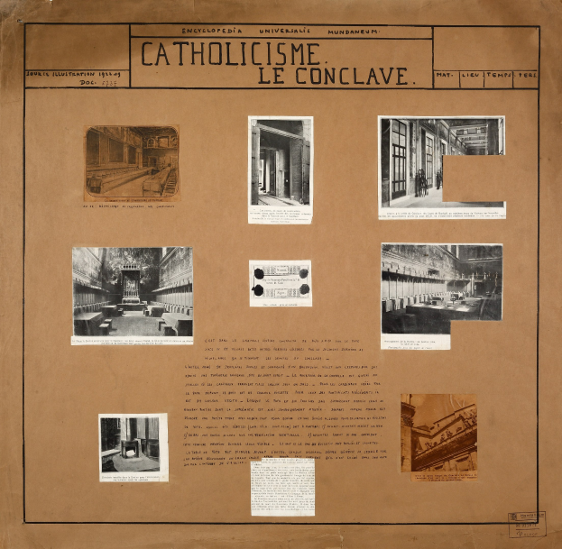 Ein Buch mit Bildern und Texten zur Geschichte der katholischen Kirche, einschließlich Abbildungen ihrer Räume, Korridore und erhaltenen Artefakte.