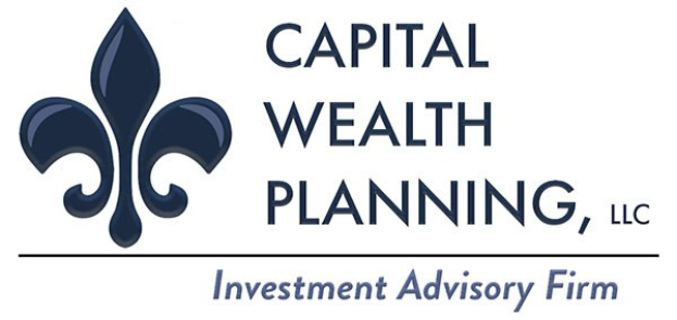 Logo der Capital Wealth Planning, LLC, einer Investmentberatungsfirma: ein blauer Kreis mit weißer Umrandung und einem weißen "C" in der Mitte, umgeben von einem weißen Ring mit "Capital Wealth Planning" in blau und "Investment Advisory Firm" in weiß darunter.