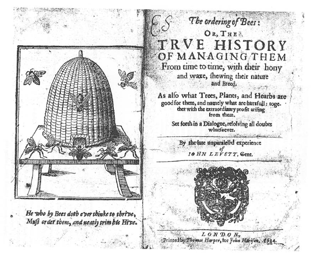 Ein altes Buch mit einer Zeichnung eines Bienenstocks umgeben von Insekten, betitelt mit "Die Ordnung der Bienen oder die wahre Geschichte ihrer Haltung".