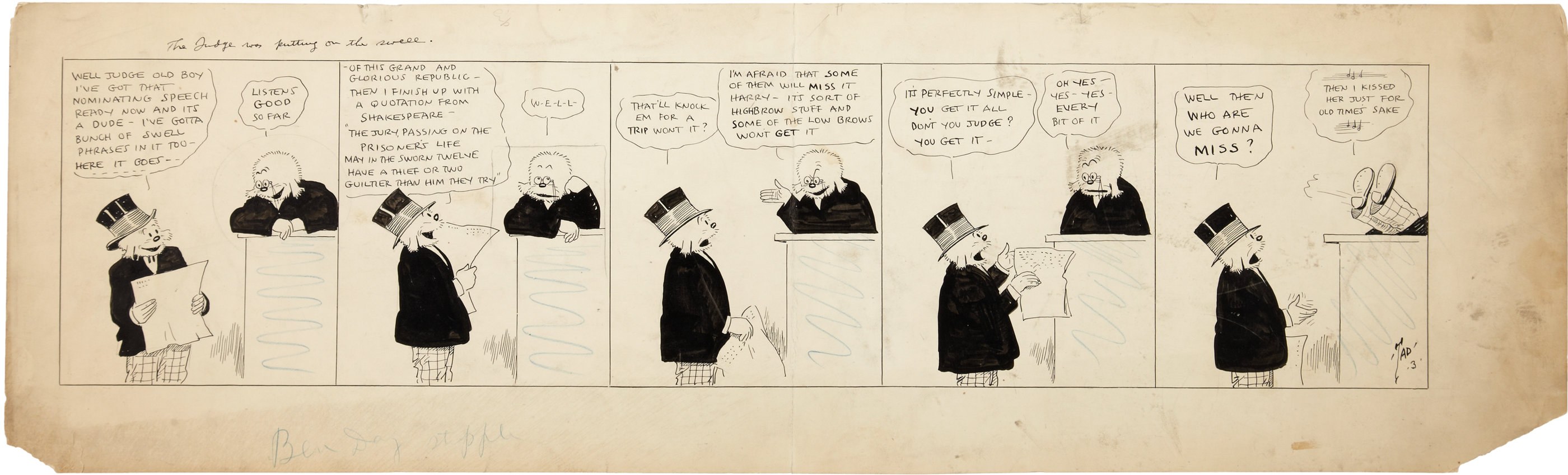 Ein Comic-Strip-Panel mit einem Mann in Zylinder und einer Frau in einem Kleid, die in einer Diskussion vertieft sind, wobei der Mann ein Blatt Papier mit Text hält.