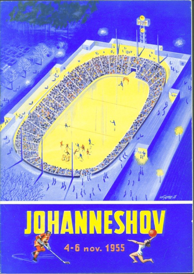 Plakat für ein Hockey-Spiel in Johannesburg 1955 mit einem vollen Stadion, B├Ąumen und Lichtern sowie Text und Zahlen.