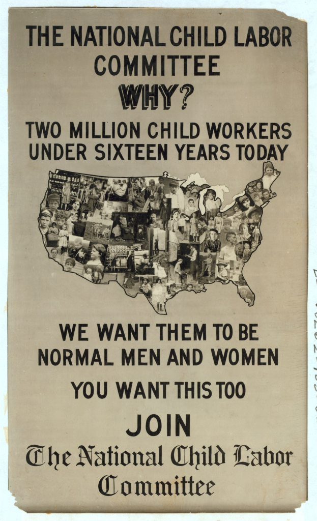 Plakat mit der Aufschrift "Das Nationale Komitee zur Bekämpfung der Kinderarbeit: Warum? Zweieinhalb Millionen Kinderarbeiter unter sechzehn Jahren heute" mit einer Karte der USA und Abbildungen von Komiteemitgliedern.