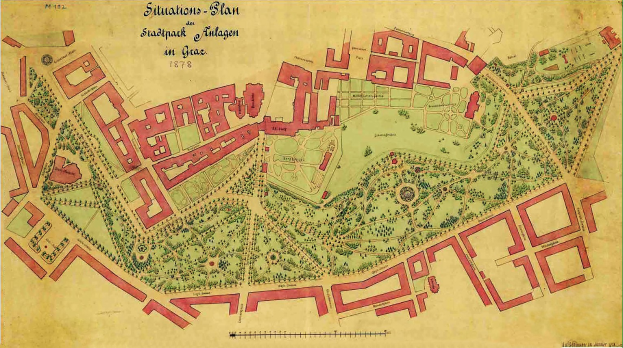Alte Karte von Stuttgart, Deutschland, mit grüner Umrandung, zeigt detaillierte Gebäude, Straßen und Merkmale mit Text zu Bevölkerung, Lage und historischer Information.