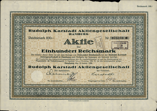 Alte deutsche Banknote mit schwarzem Hintergrund und Text, der "Rudolph Karlstadt Aktiengesellschaft Hamburg" liest.