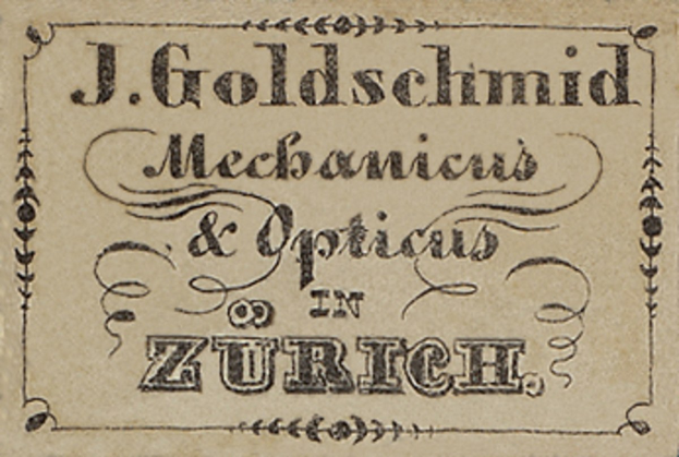 Alte Visitenkarte für "J. Goldschmidt Mechanicus & Optics in Zurich", likely from the early 20th century, listing the company's services.