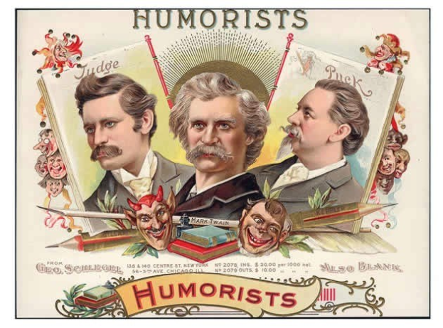 Poster titled "Humorists" featuring three men in suits with varied expressions, surrounded by scattered images of books and objects.
