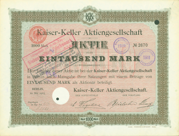Ein altes deutsches Aktienzertifikat der Kaiser-Keller Aktiengesellschaft mit Text und Stempeln.