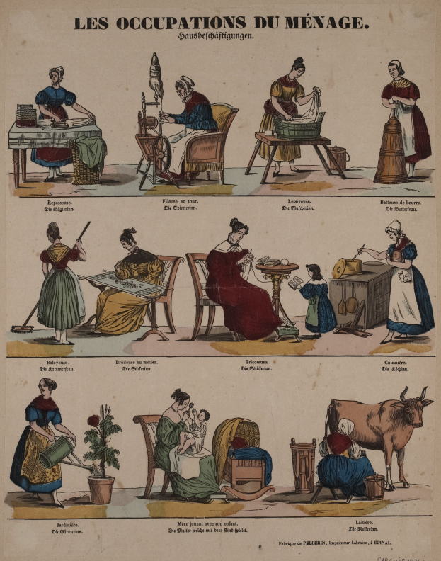 Ein Plakat aus dem 19. Jahrhundert, das berufsbezogene Geschlechterrollen zeigt, mit sitzenden und stehenden Figuren, einer Kuh, einem Topf mit einer Pflanze und begleitendem Text.
