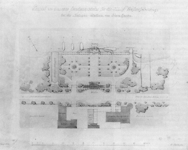 Schwarz-weißer Gartenplan für einen Standort in Stuttgart, Deutschland mit zahlreichen Bäumen und Pflanzen, der handgeschriebene Texte enthält.